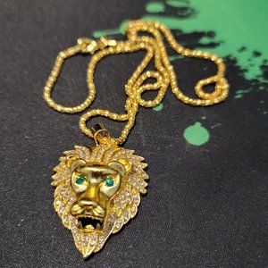 Unisex Lion’s Head Rhinestone Pendant Necklace